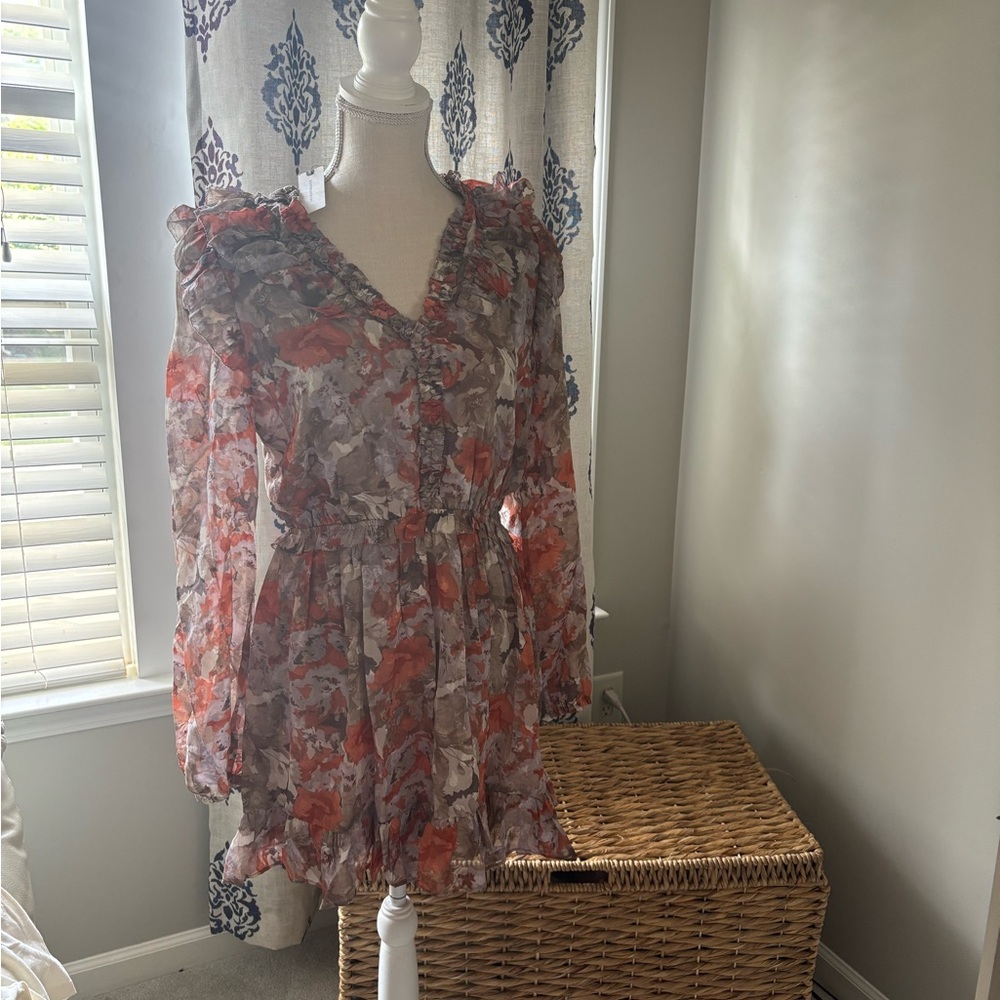 Anthropologie Floral Long Sleeve Dress - Red and Gray
